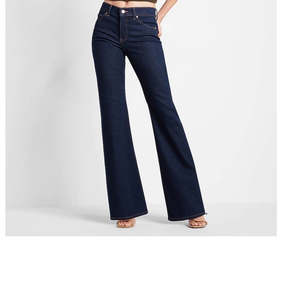 Mid rise, dark wash flare jeans